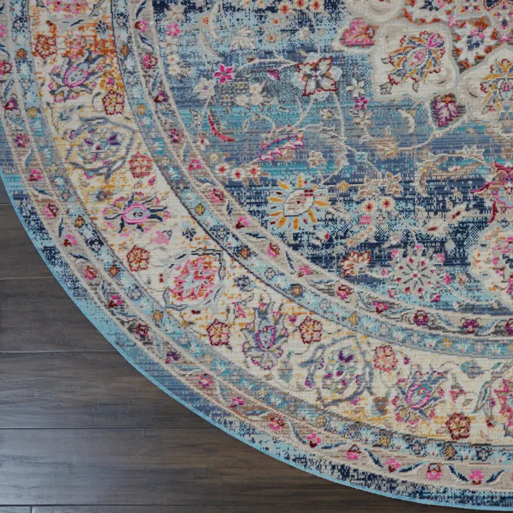 4' Blue And Beige Floral Distressed Round Rug