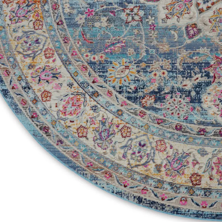 4' Blue And Beige Floral Distressed Round Rug