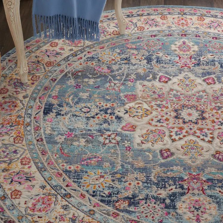 4' Blue And Beige Floral Distressed Round Rug