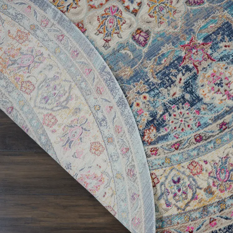 4' Blue And Beige Floral Distressed Round Rug