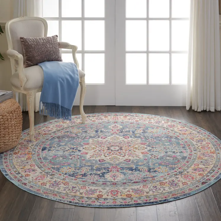 4' Blue And Beige Floral Distressed Round Rug