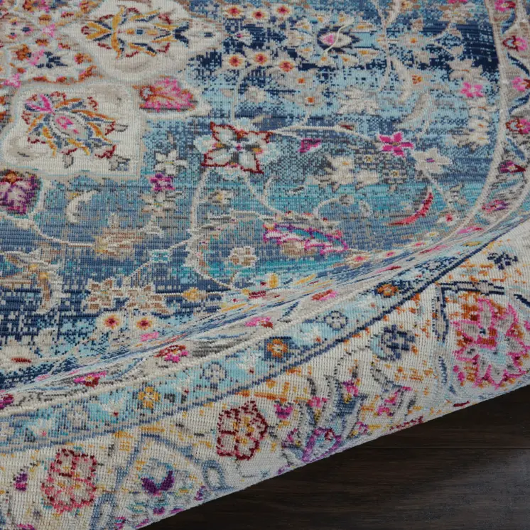4' Blue And Beige Floral Distressed Round Rug