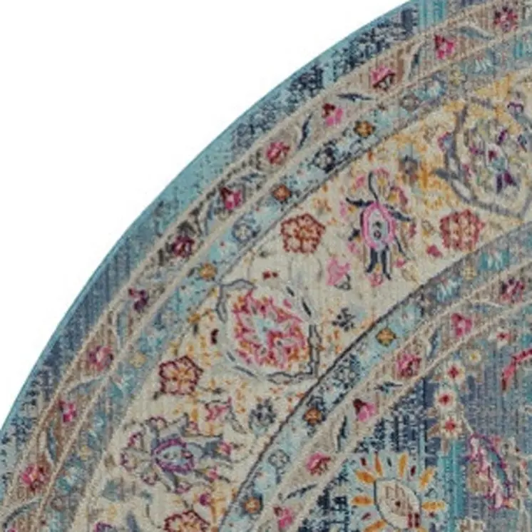 4' Blue And Beige Floral Distressed Round Rug