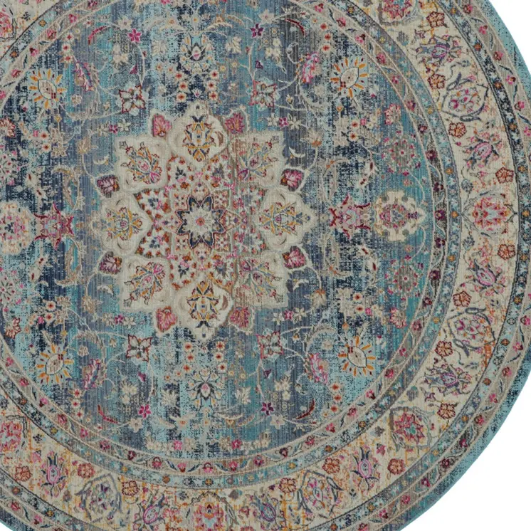 4' Blue And Beige Floral Distressed Round Rug