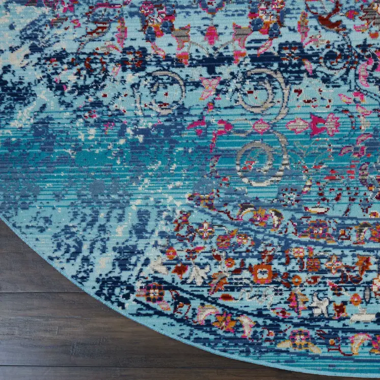 4' Blue Red And Orange Floral Distressed Round Rug