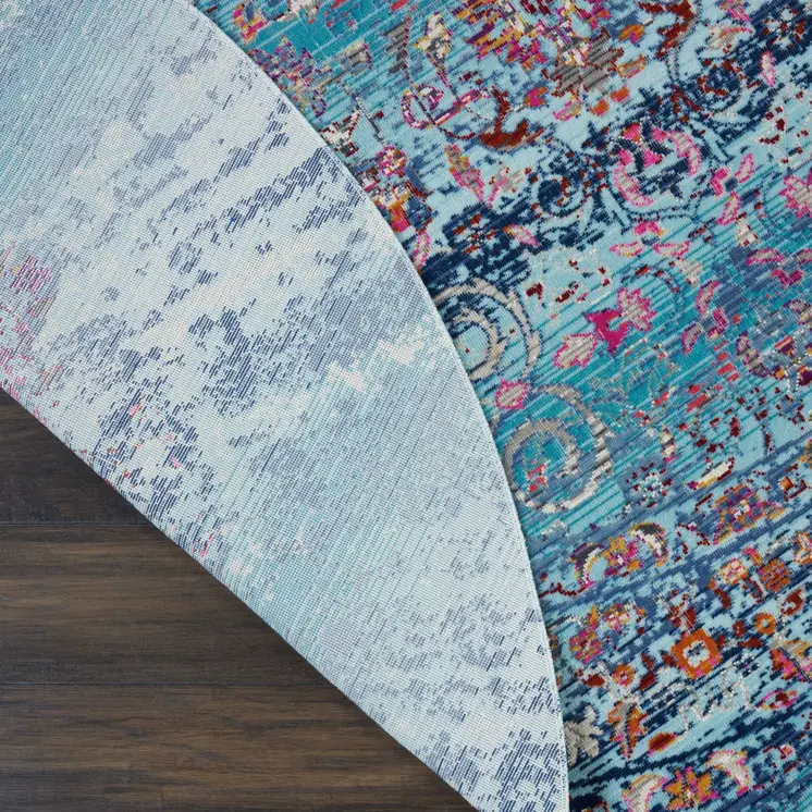4' Blue Red And Orange Floral Distressed Round Rug