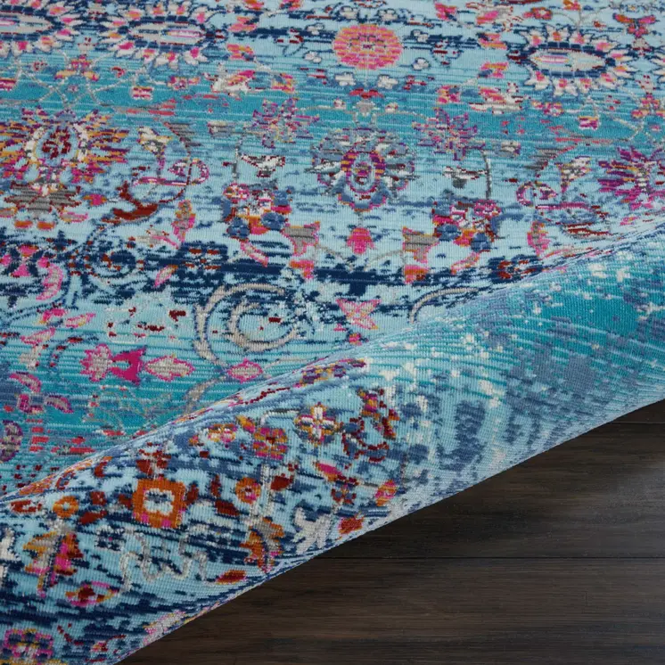 4' Blue Red And Orange Floral Distressed Round Rug