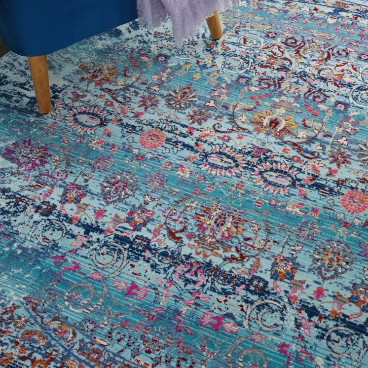 4' Blue Red And Orange Floral Distressed Round Rug