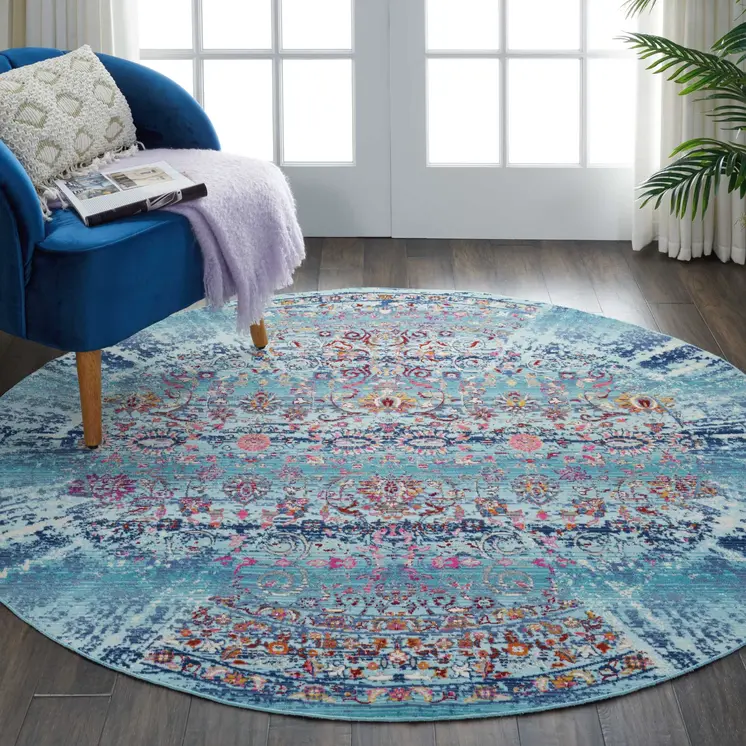 4' Blue Red And Orange Floral Distressed Round Rug