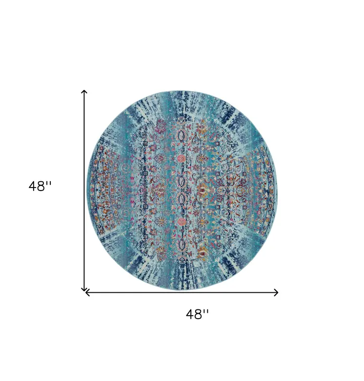 4' Blue Red And Orange Floral Distressed Round Rug