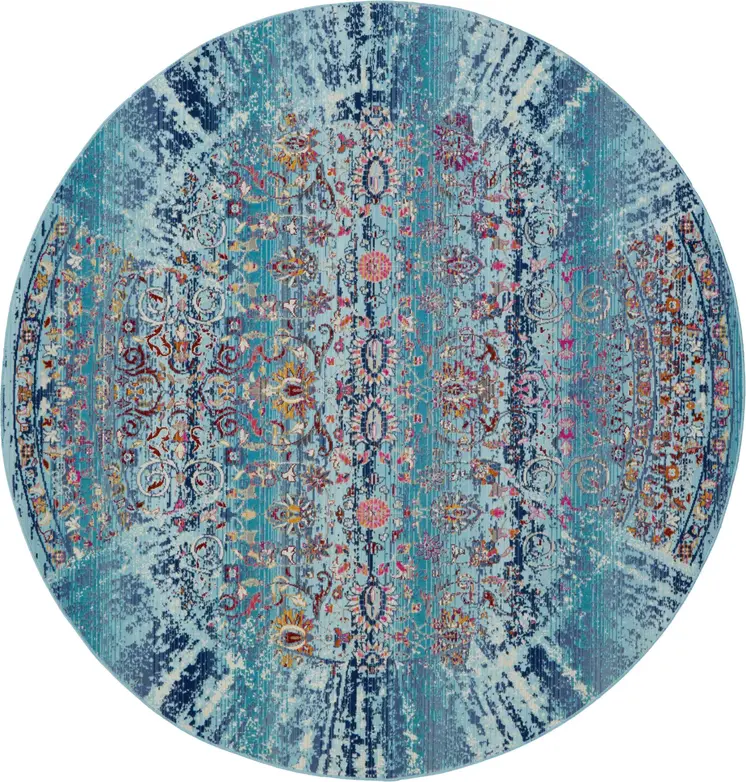 4' Blue Red And Orange Floral Distressed Round Rug
