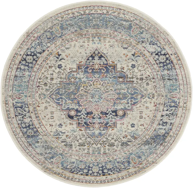 4' Ivory Blue And Orange Floral Distressed Round Rug