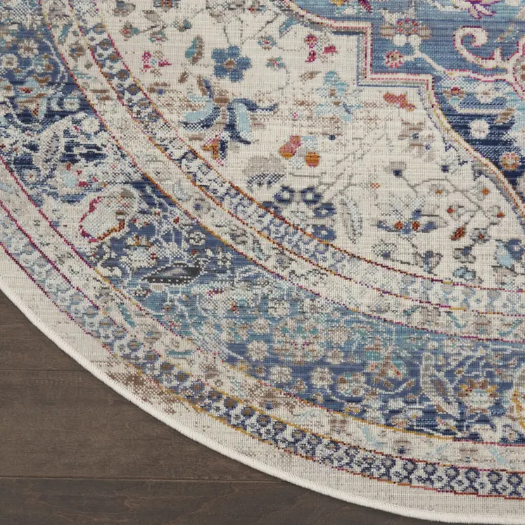 4' Ivory Blue And Orange Floral Distressed Round Rug