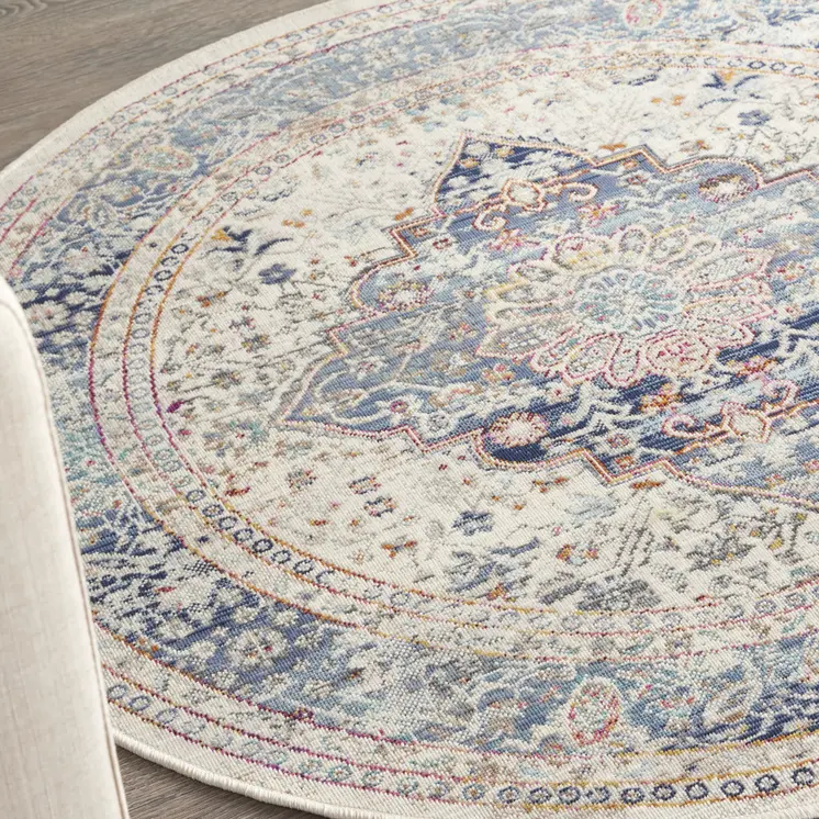 4' Ivory Blue And Orange Floral Distressed Round Rug