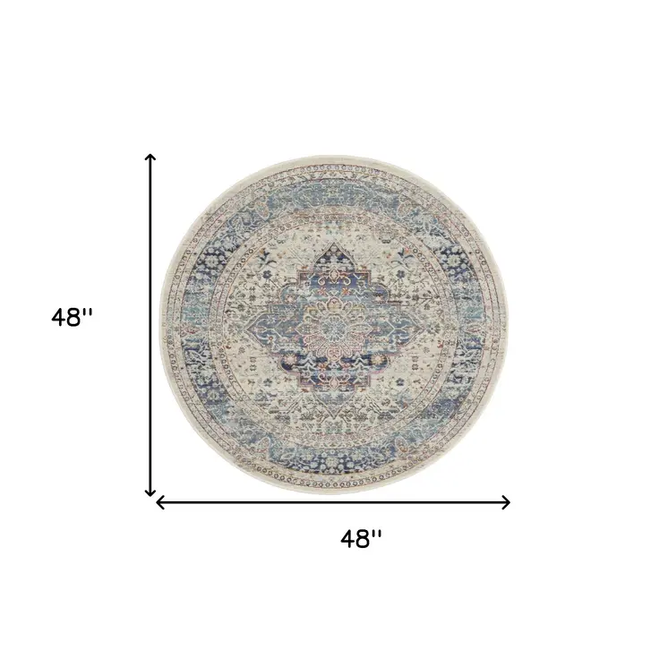 4' Ivory Blue And Orange Floral Distressed Round Rug