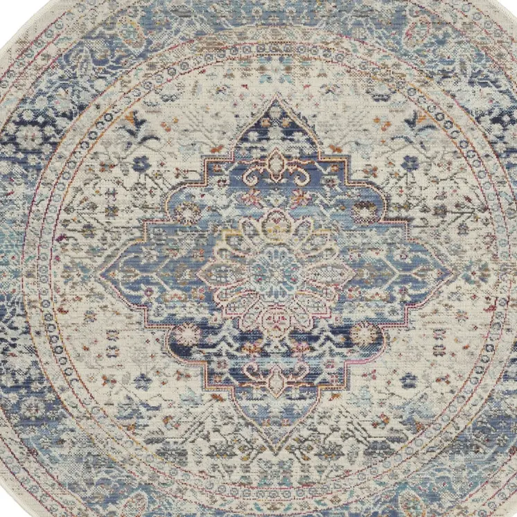 4' Ivory Blue And Orange Floral Distressed Round Rug