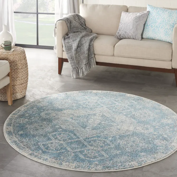 4' Ivory and Light Blue Oriental Distressed Round Rug