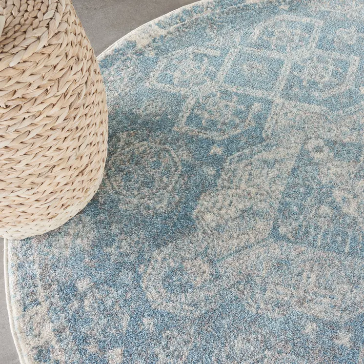 4' Ivory and Light Blue Oriental Distressed Round Rug