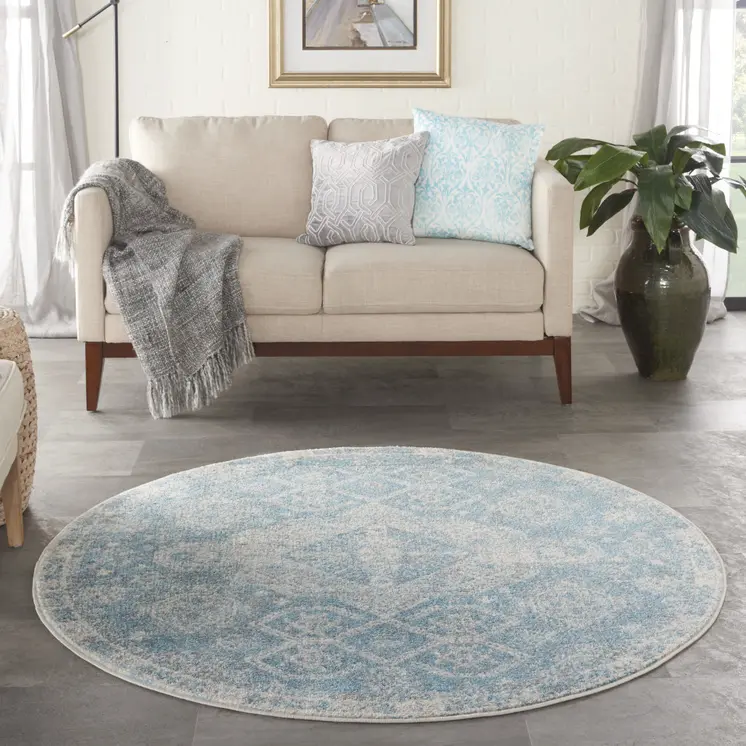 4' Ivory and Light Blue Oriental Distressed Round Rug