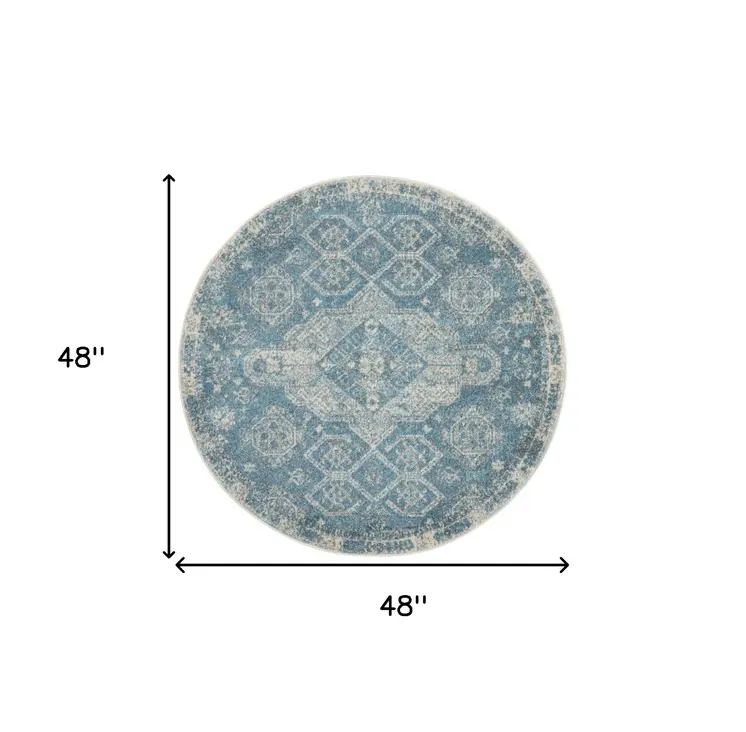 4' Ivory and Light Blue Oriental Distressed Round Rug
