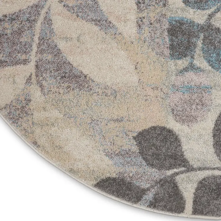 4' Ivory Gray And Blue Botanical Leaves Round Rug