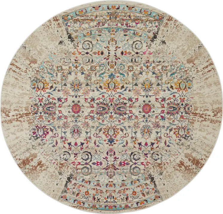 4' Ivory And Brown Floral Distressed Round Rug