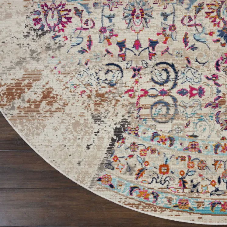 4' Ivory And Brown Floral Distressed Round Rug