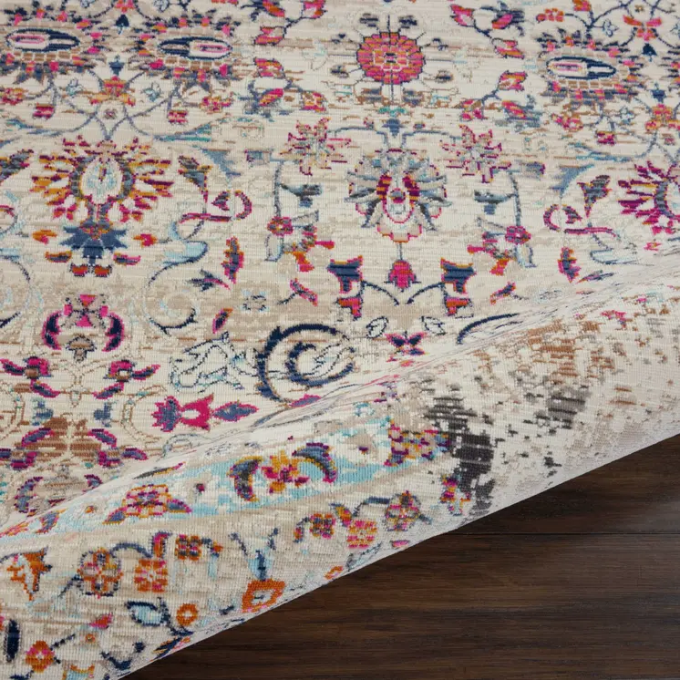 4' Ivory And Brown Floral Distressed Round Rug