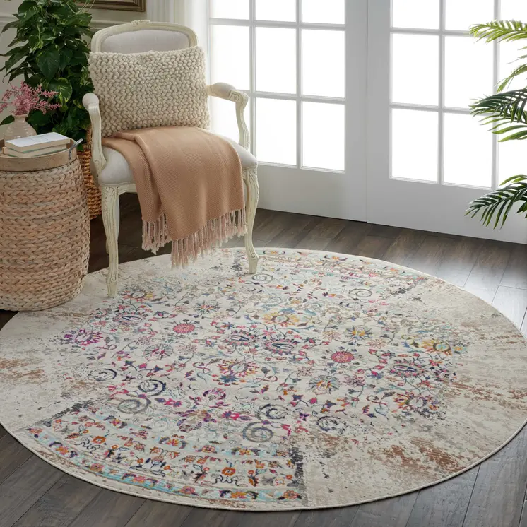 4' Ivory And Brown Floral Distressed Round Rug