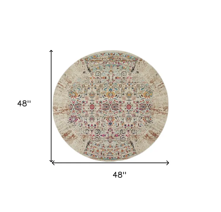 4' Ivory And Brown Floral Distressed Round Rug