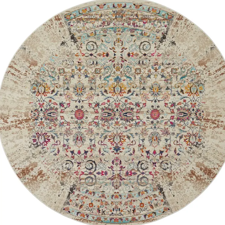 4' Ivory And Brown Floral Distressed Round Rug