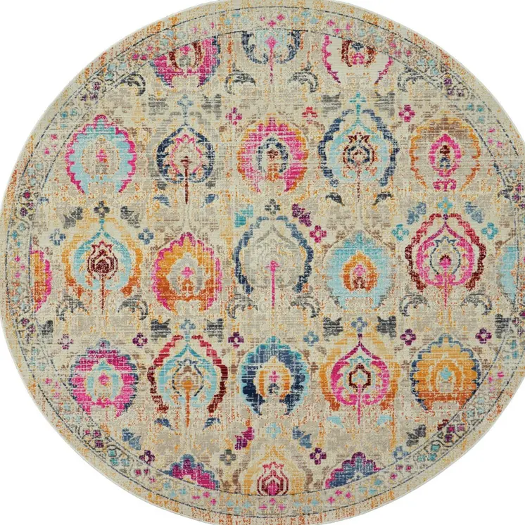 4' Ivory Pink And Orange Floral Distressed Round Rug