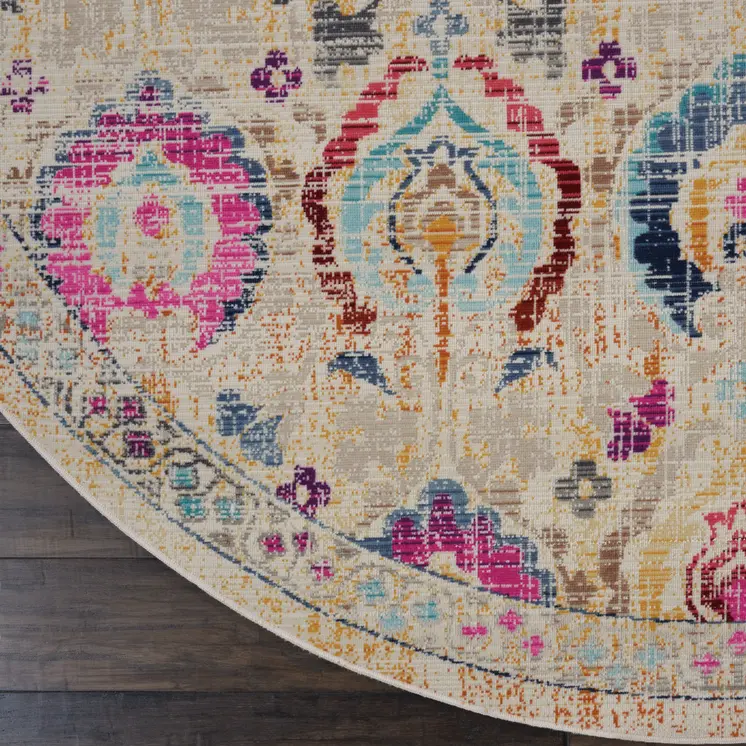 4' Ivory Pink And Orange Floral Distressed Round Rug
