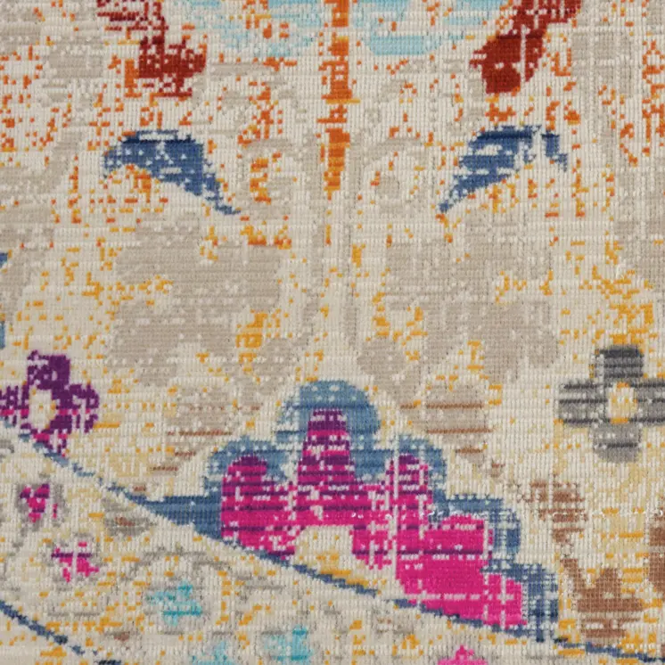 4' Ivory Pink And Orange Floral Distressed Round Rug