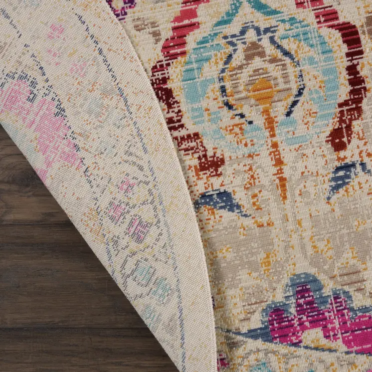 4' Ivory Pink And Orange Floral Distressed Round Rug