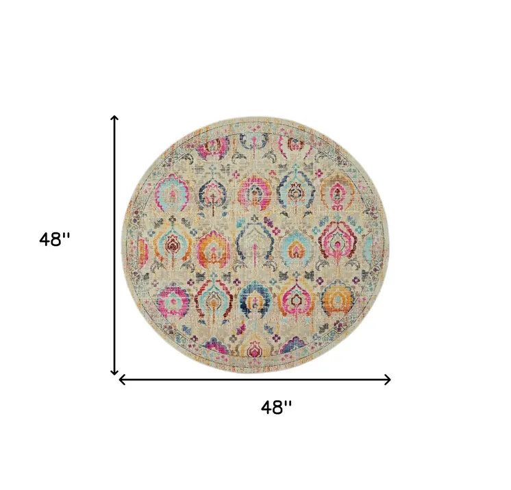 4' Ivory Pink And Orange Floral Distressed Round Rug