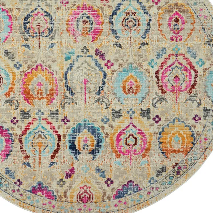4' Ivory Pink And Orange Floral Distressed Round Rug