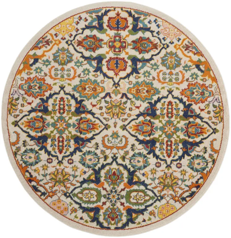 4' Ivory and Blue Round Floral Power Loom Area Rug