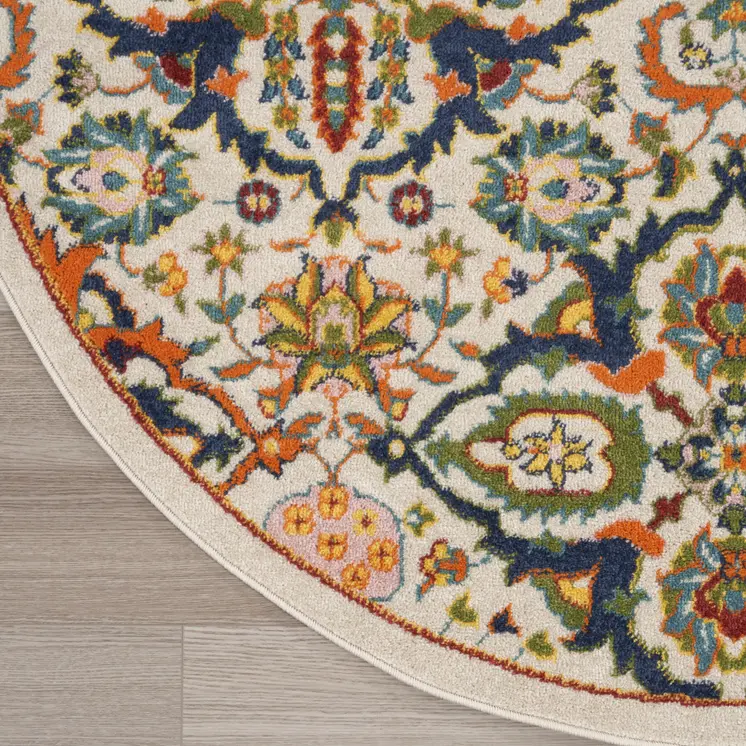 4' Ivory and Blue Round Floral Power Loom Area Rug