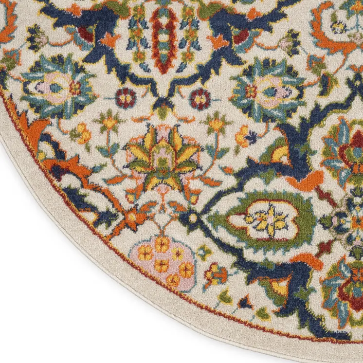 4' Ivory Blue And Yellow Floral Round Rug