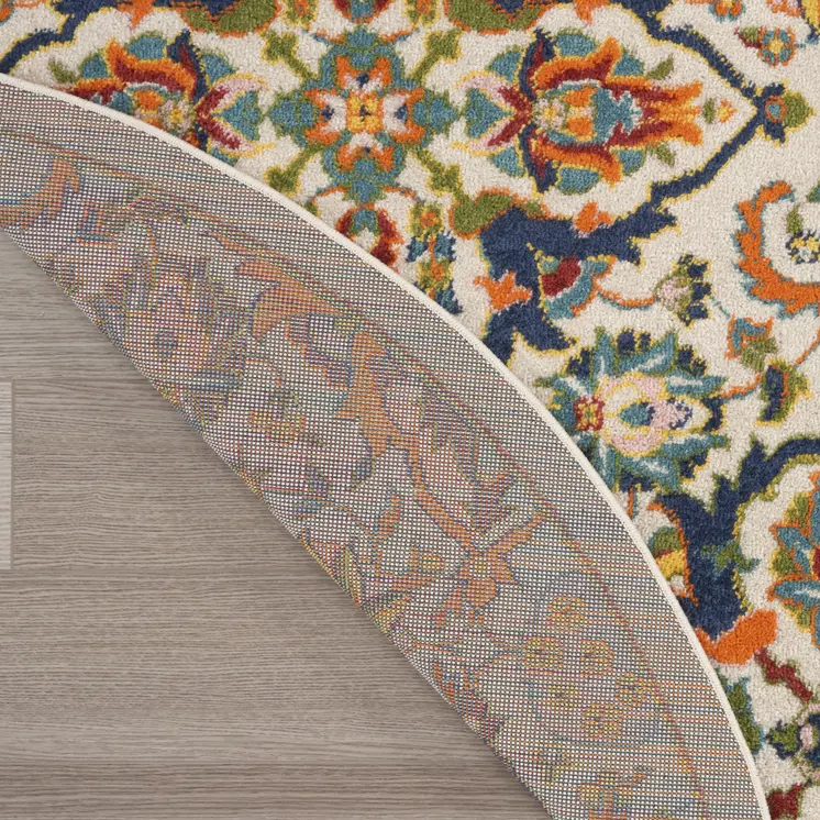 4' Ivory and Blue Round Floral Power Loom Area Rug
