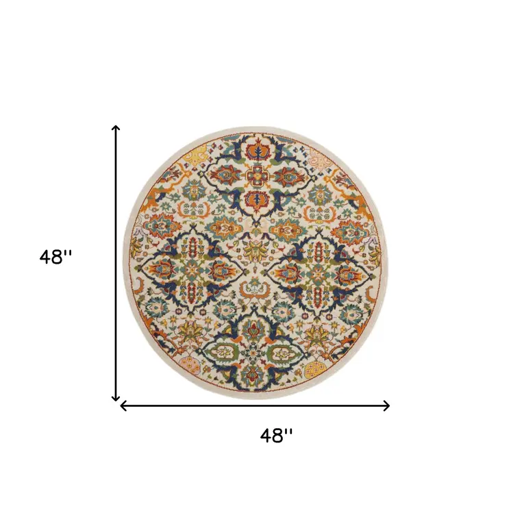4' Ivory and Blue Round Floral Power Loom Area Rug