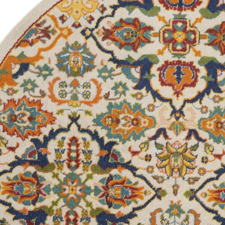 4' Ivory and Blue Round Floral Power Loom Area Rug