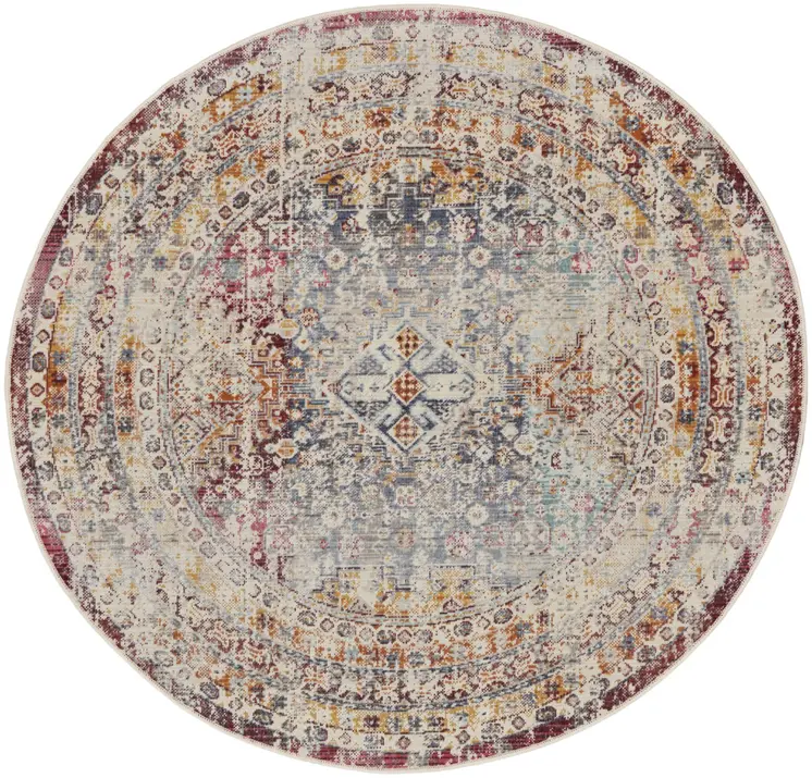 4' Ivory Red And Orange Geometric Distressed Round Rug