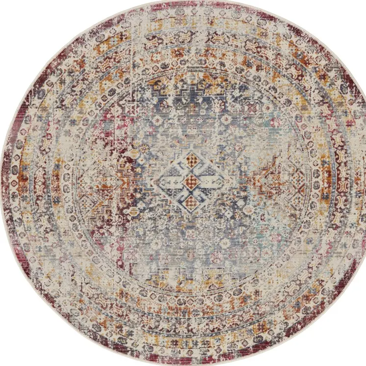 4' Ivory Red And Orange Geometric Distressed Round Rug