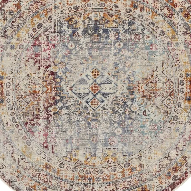 4' Ivory Red And Orange Geometric Distressed Round Rug