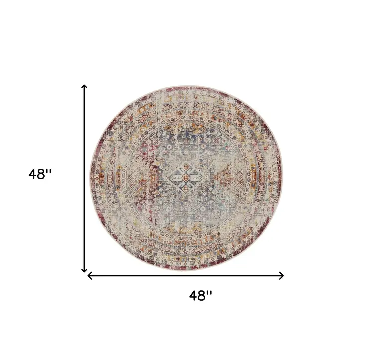 4' Ivory Red And Orange Geometric Distressed Round Rug