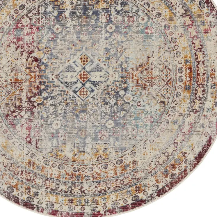 4' Ivory Red And Orange Geometric Distressed Round Rug