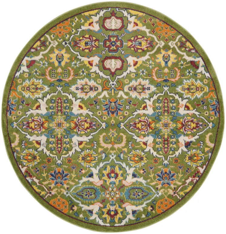 4' Green Yellow Blue and Red Round Floral Power Loom Area Rug