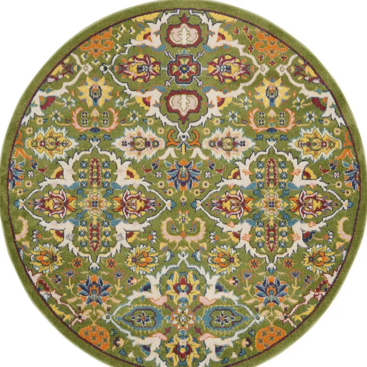 4' Green Yellow Blue and Red Round Floral Power Loom Area Rug